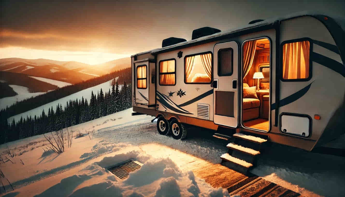 RV in a snowy setting with visible vent covers for winter insulation.