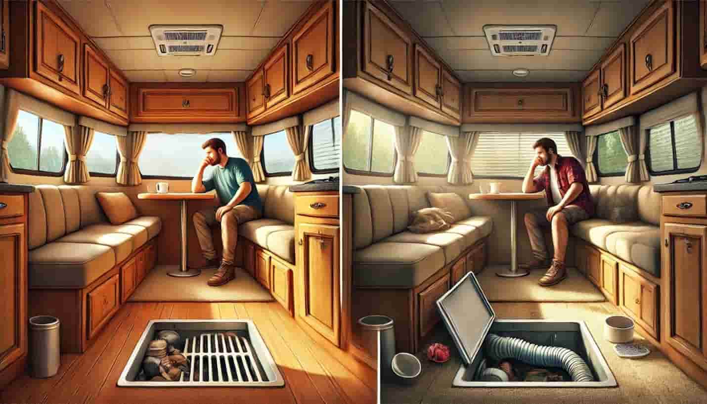 Split-screen image of a peaceful RV interior vs. one with a bad sewage smell, highlighting venting issues.